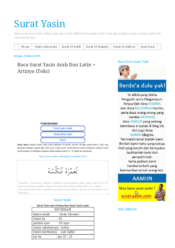 Pdf Baca Surat Yasin Arab Dan Latin Artinya Teks Surat