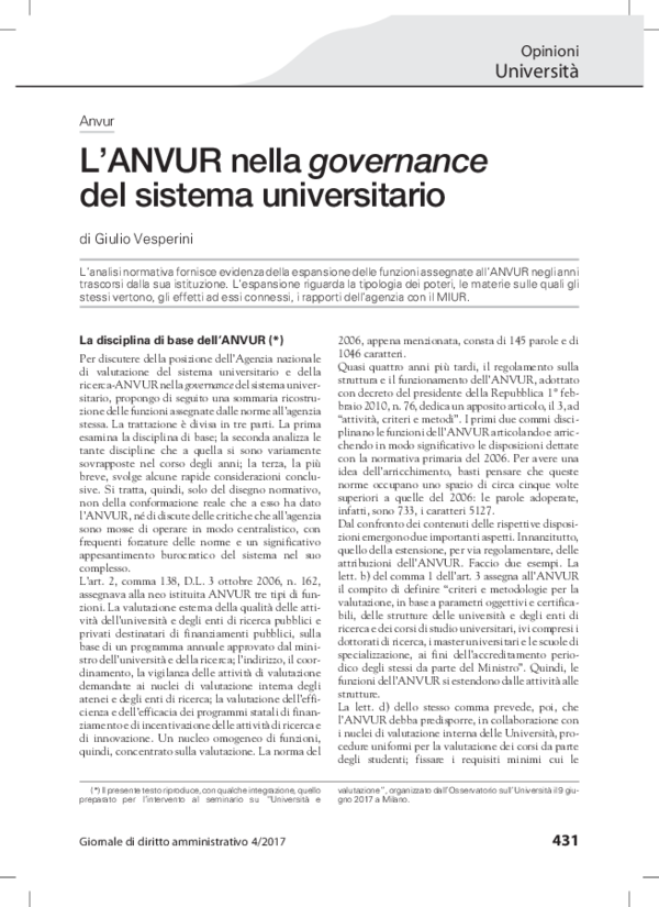 (PDF) L'anvur nella governance del sistema universitario