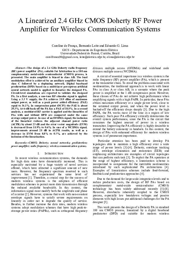 (PDF) A Linearized 2.4 GHz CMOS Doherty RF Power Amplifier for Wireless ...