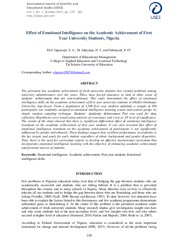 (PDF) Effect of Emotional Intelligence on the Academic Achievement of ...