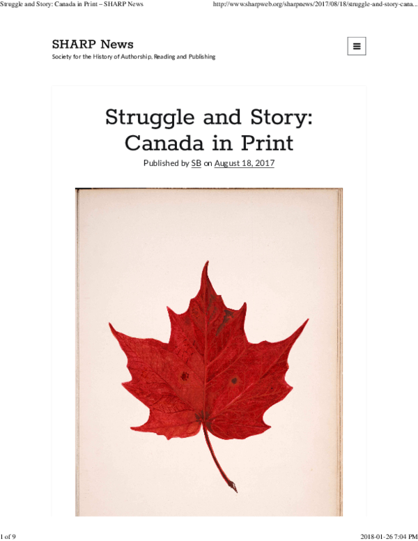 Pdf Struggle And Story Canada In Print Exhibition And Catalogue By Pearce Carefoote Toronto Thomas Fisher Rare Book Library Printed By Coach House Press 2017 151 P Ill Sharp News 18 August