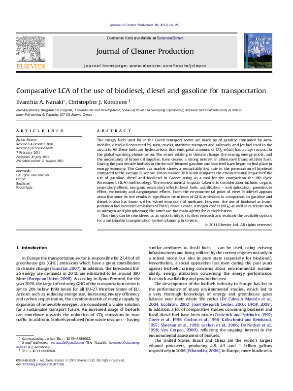(PDF) Comparative LCA of the use of biodiesel, diesel and gasoline for ...