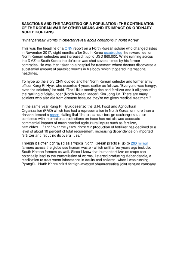 First page of “SANCTIONS AND THE TARGETING OF A POPULATION: THE CONTINUATION OF THE KOREAN WAR BY OTHER MEANS AND ITS IMPACT ON ORDINARY NORTH KOREANS”