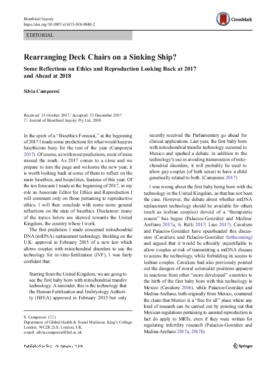 (PDF) Rearranging Deck Chairs on a Sinking Ship? Some Reflections on Ethics and Reproduction