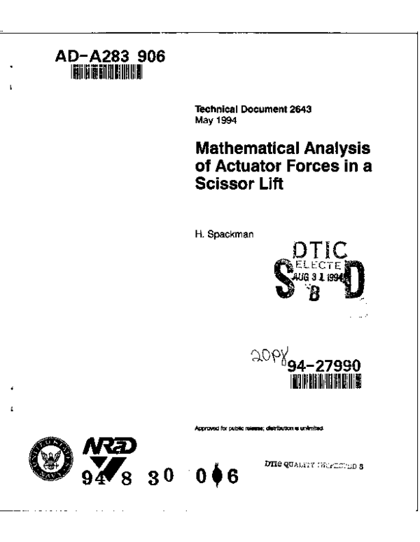 (PDF) ADA283 906 Mathematical Analysis of Actuator Forces in a Scissor