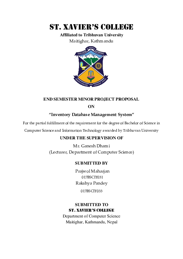 Doc End Semester Minor Project Proposal On Inventory Database