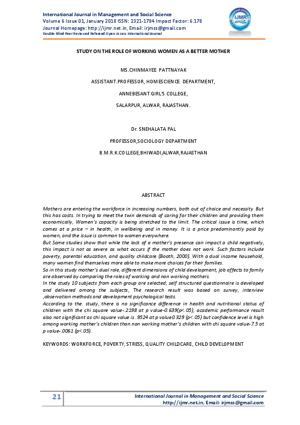 (PDF) STUDY ON THE ROLE OF WORKING WOMEN AS A BETTER MOTHER