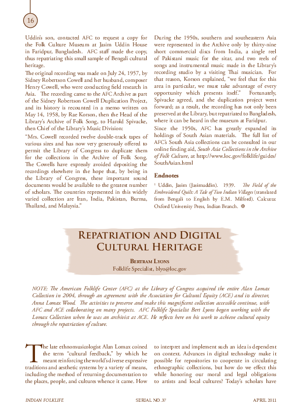 (PDF) Repatriation and Digital Cultural Heritage