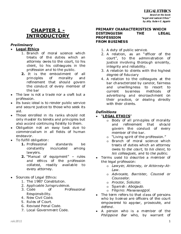 (PDF) LEGAL ETHICS Reviewer based on Agpalo 's Book Erim Gamer