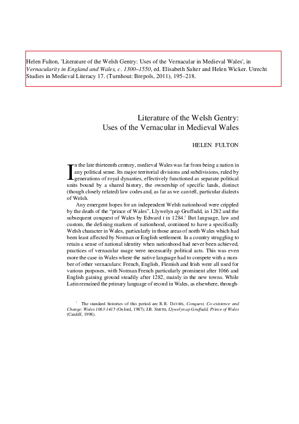 Literature of the Welsh Gentry: Uses of the Vernacular in Medieval Wales