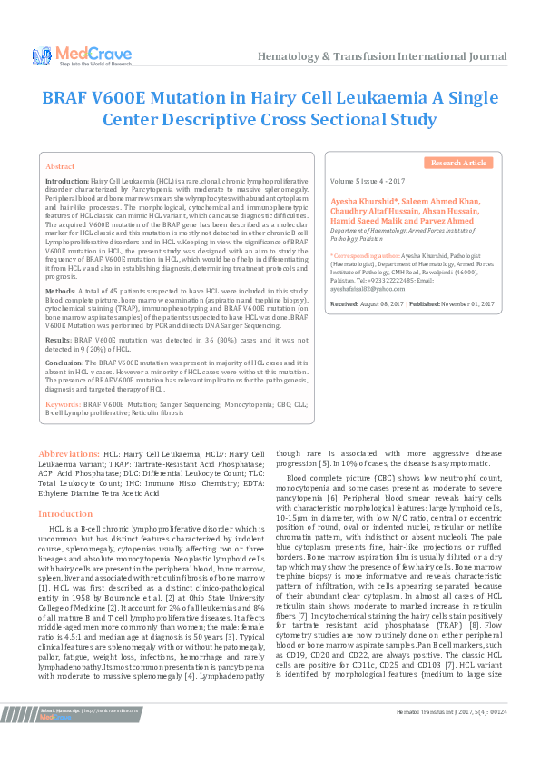 (PDF) BRAF V600E Mutation in Hairy Cell Leukaemia A Single Center