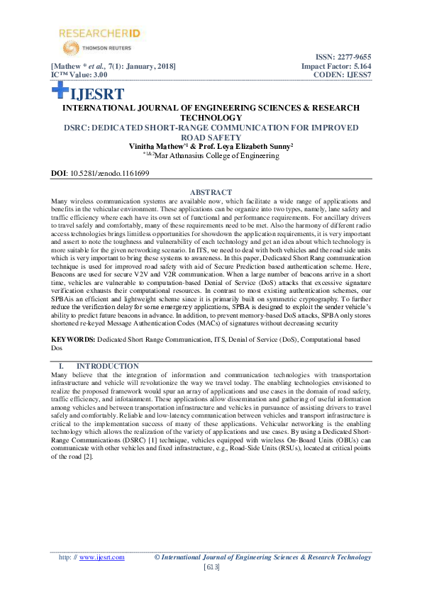 (PDF) DSRC: DEDICATED SHORT-RANGE COMMUNICATION FOR IMPROVED ROAD SAFETY