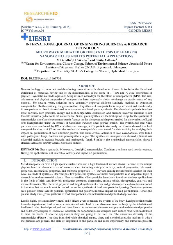 (PDF) MICROWAVE MEDIATED GREEN SYNTHESIS OF LEAD (PB) NANOPARTICLES AND ...