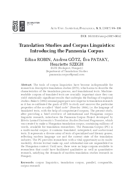 (PDF) Translation Studies and Corpus Linguistics: Introducing the ...