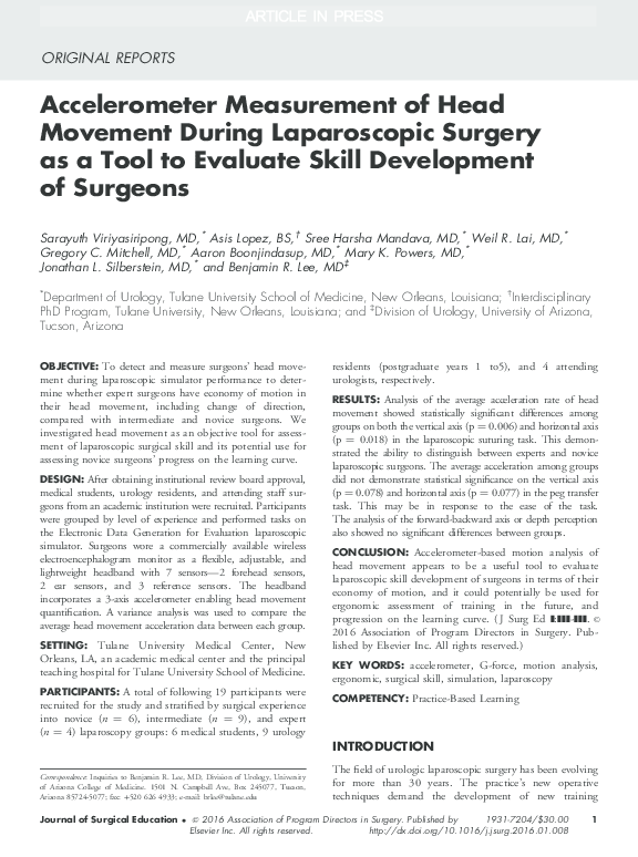 (PDF) Accelerometer Measurement of Head Movement During Laparoscopic ...