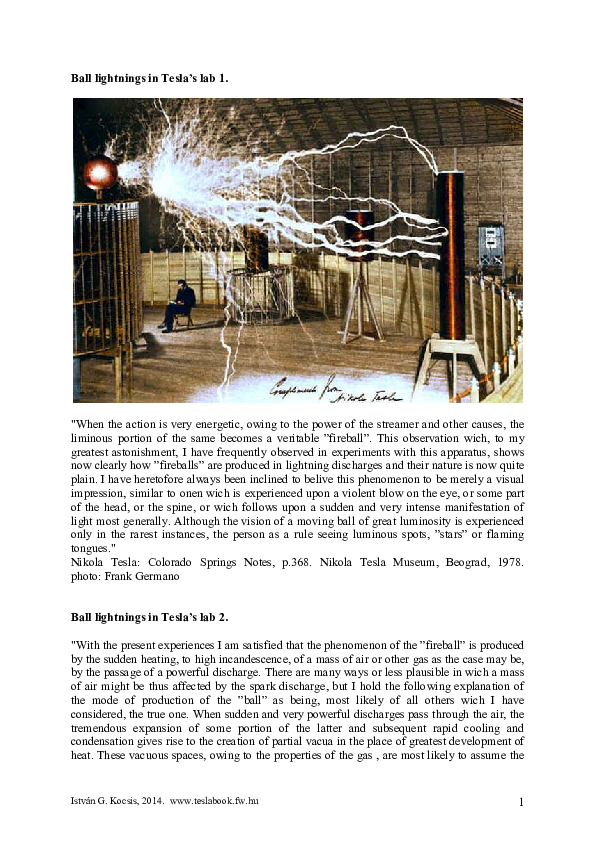 (PDF) Ball lightnings in Tesla's lab István G Kocsis Academia.edu