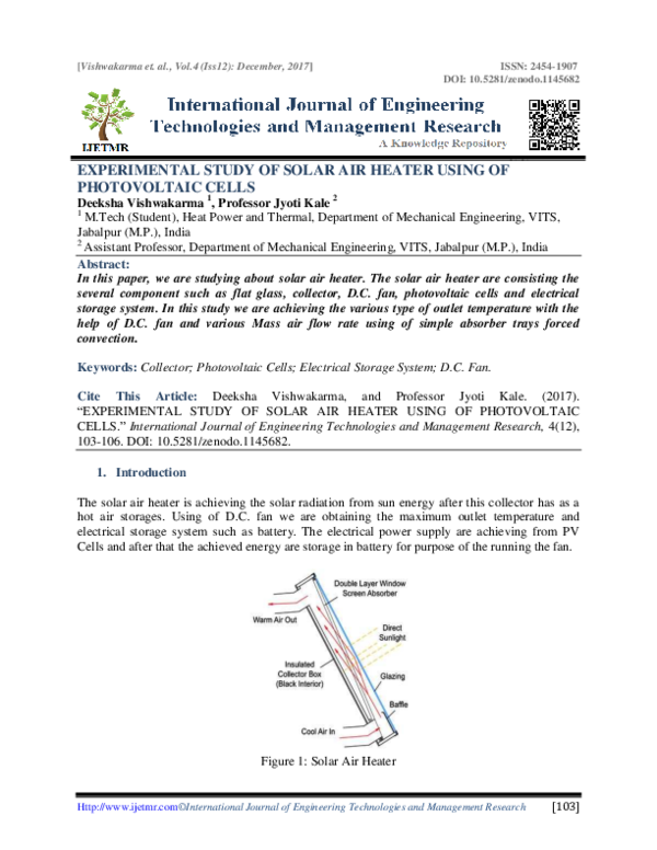 (PDF) EXPERIMENTAL STUDY OF SOLAR AIR HEATER USING OF PHOTOVOLTAIC