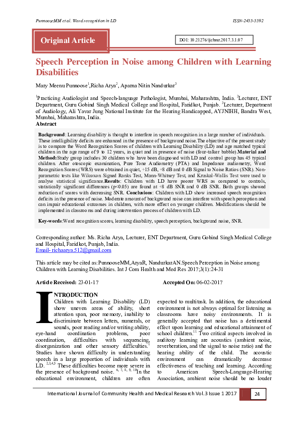 (PDF) Speech Perception in Noise among Children with Learning Disabilities