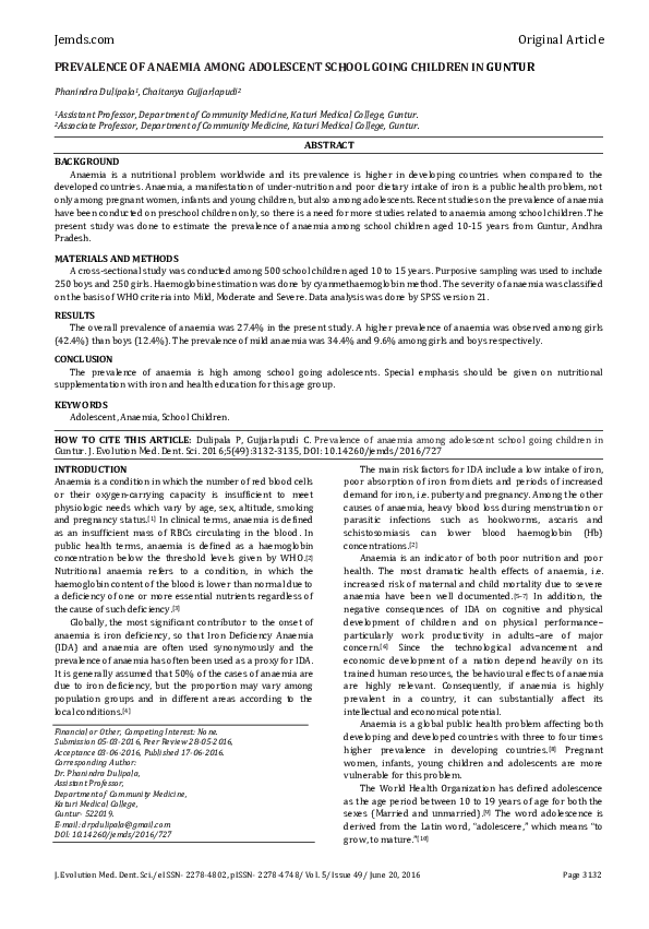 (PDF) PREVALENCE OF ANAEMIA AMONG ADOLESCENT SCHOOL GOING CHILDREN IN ...