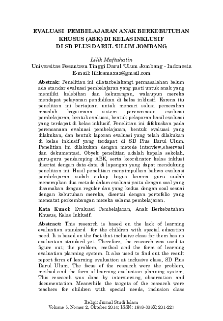 Pdf Evaluasi Pembelajaran Anak Berkebutuhan Khusus Abk Di Kelas Inklusif Di Sd Plus Darul Ulum Jombang Slb Hardikabakti Academia Edu