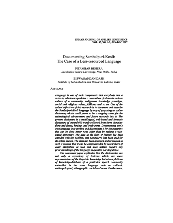 (PDF) Documenting Sambalpuri-Kosli: The Case of a Less-resourced Language