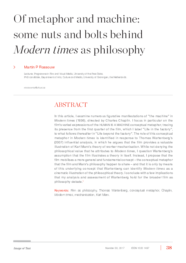 (PDF) Of Metaphor and Machine Some Nuts and Bolts behind 'Modern Times