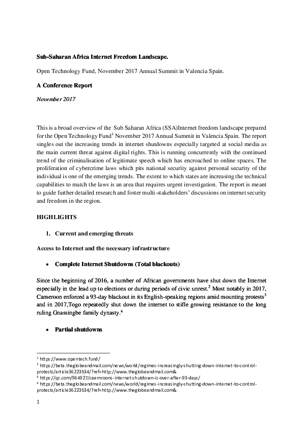 (PDF) SubSaharan Africa Freedom Landscape 2017 Conference