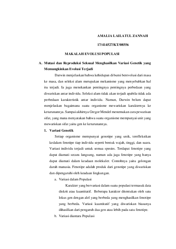 Doc Makalah Biologi Evolusi Populasi Amalia Lailatul Zannah Academia Edu