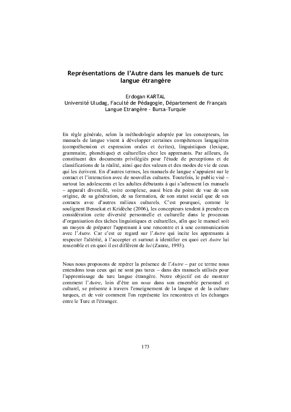 First page of “Représentations de l'Autre dans les manuels de turc langue étrangère”