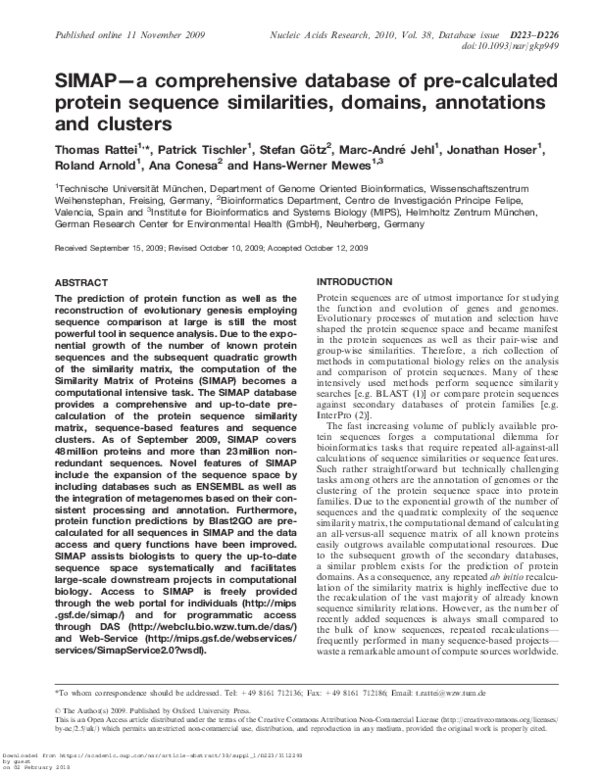 (PDF) SIMAP-a comprehensive database of pre-calculated protein sequence ...
