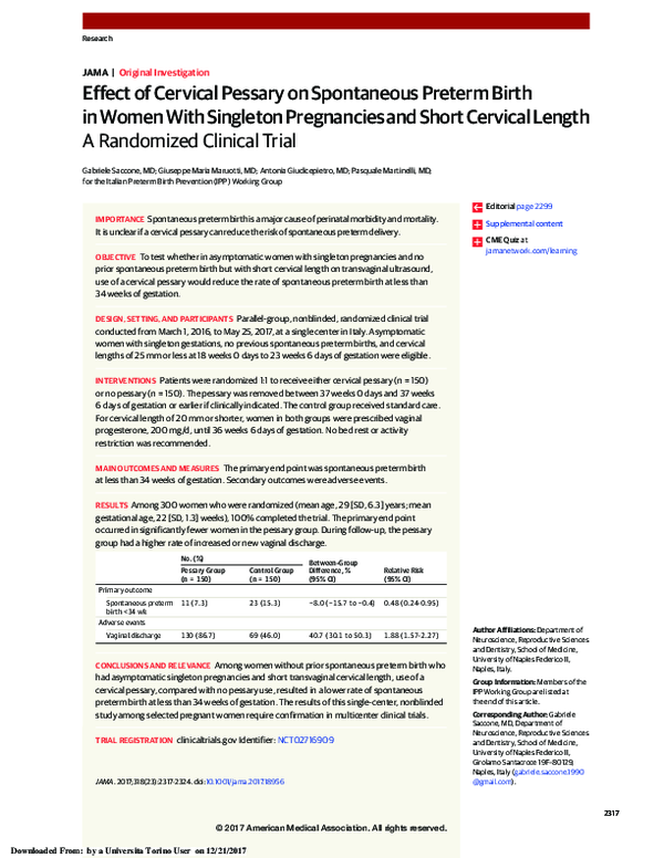 (PDF) Effect of Cervical Pessary on Spontaneous Preterm Birth in Women With Singleton