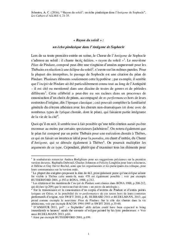 Pdf Rayon Du Soleil Un Echo Pindarique Dans L Antigone De Sophocle Alexandre Johnston Academia Edu