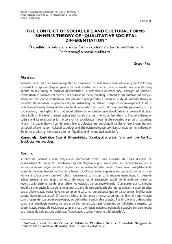 (PDF) THE CONFLICT OF SOCIAL LIFE AND CULTURAL FORMS: SIMMEL'S THEORY ...