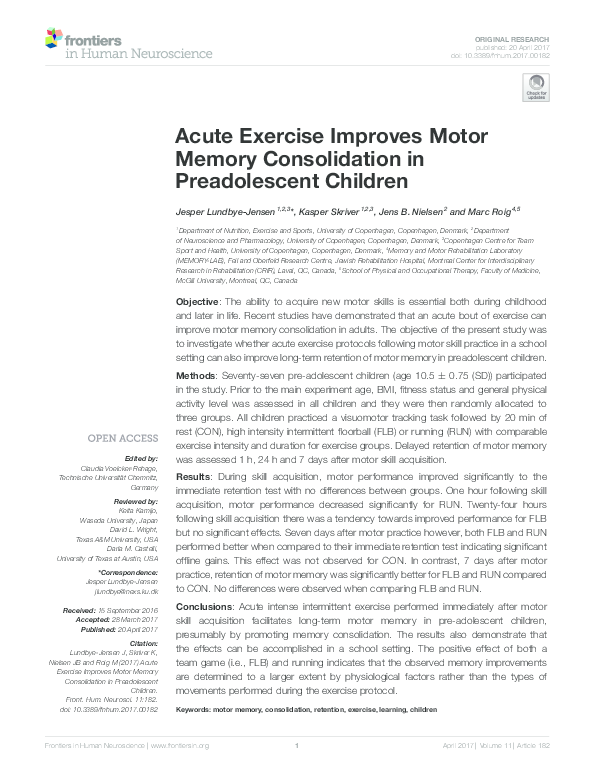 (PDF) Acute Exercise Improves Motor Memory Consolidation in ...