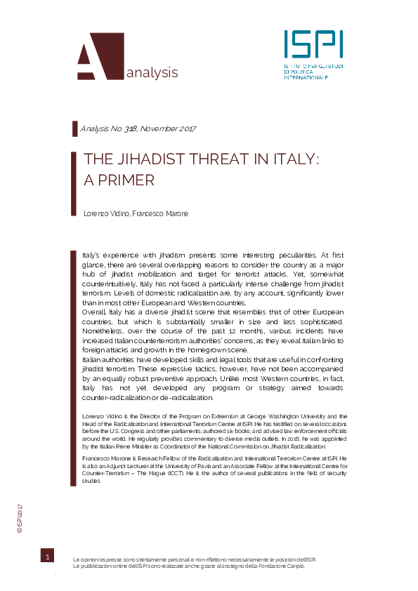 (with L. Vidino)  The Jihadist Threat in Italy: A Primer
