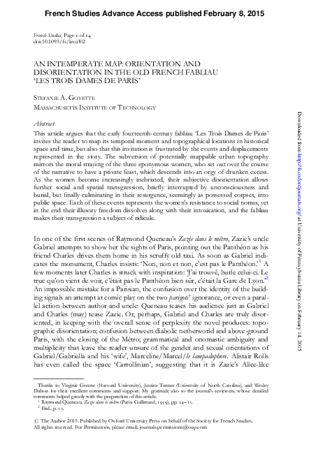 AN INTEMPERATE MAP: ORIENTATION AND DISORIENTATION IN THE OLD FRENCH FABLIAU ‘LES TROIS DAMES DE PARIS’