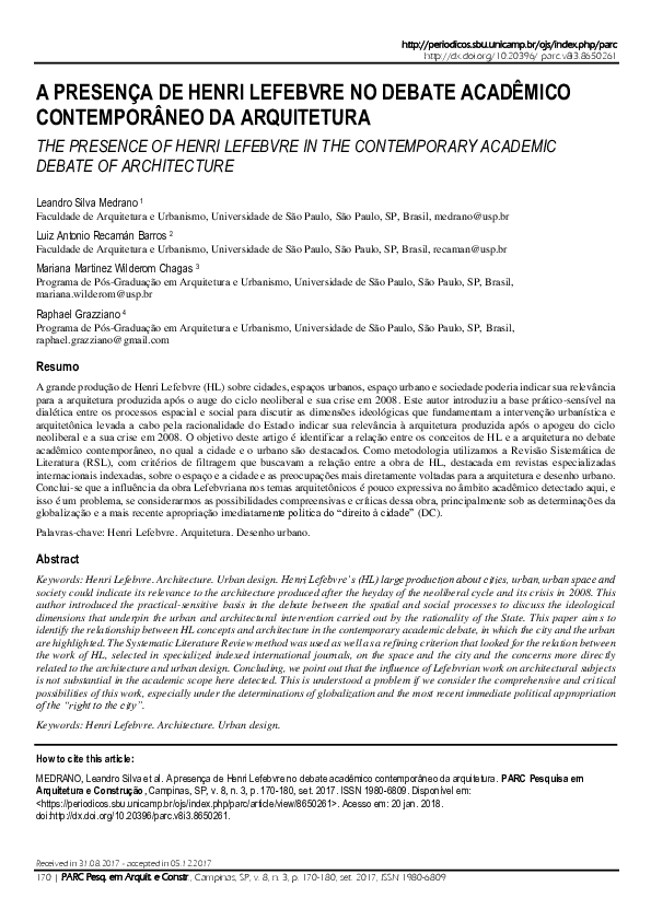 (PDF) A presença de Henri Lefebvre no debate acadêmico contemporâneo da arquitetura Raphael