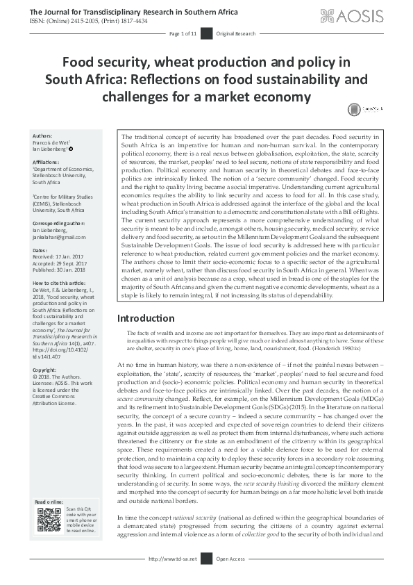 (PDF) Food security, wheat production and policy in South Africa ...