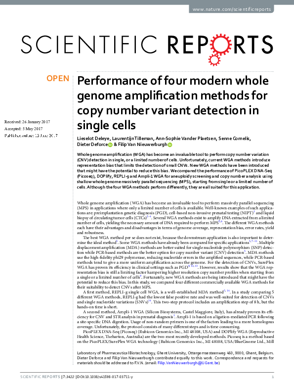 (PDF) Performance of four modern whole genome amplification methods for ...