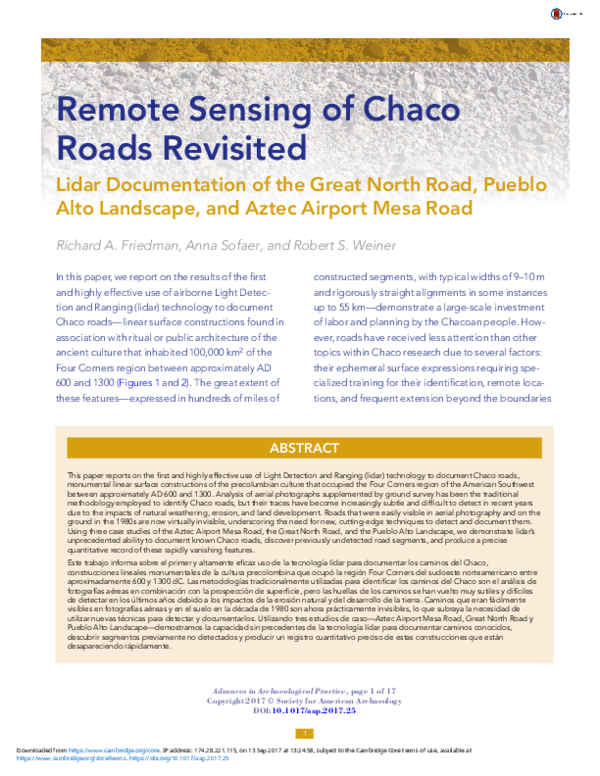 (PDF) Remote Sensing of Chaco Roads Revisited: Lidar Documentation of ...