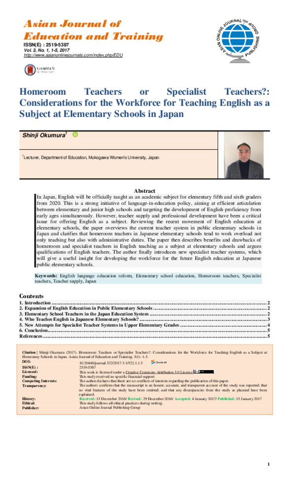 Pdf Homeroom Teachers Or Specialist Teachers Considerations For The Workforce For Teaching English As A Subject At Elementary Schools In Japan Asian Online Journal Publishing Group Academia Edu