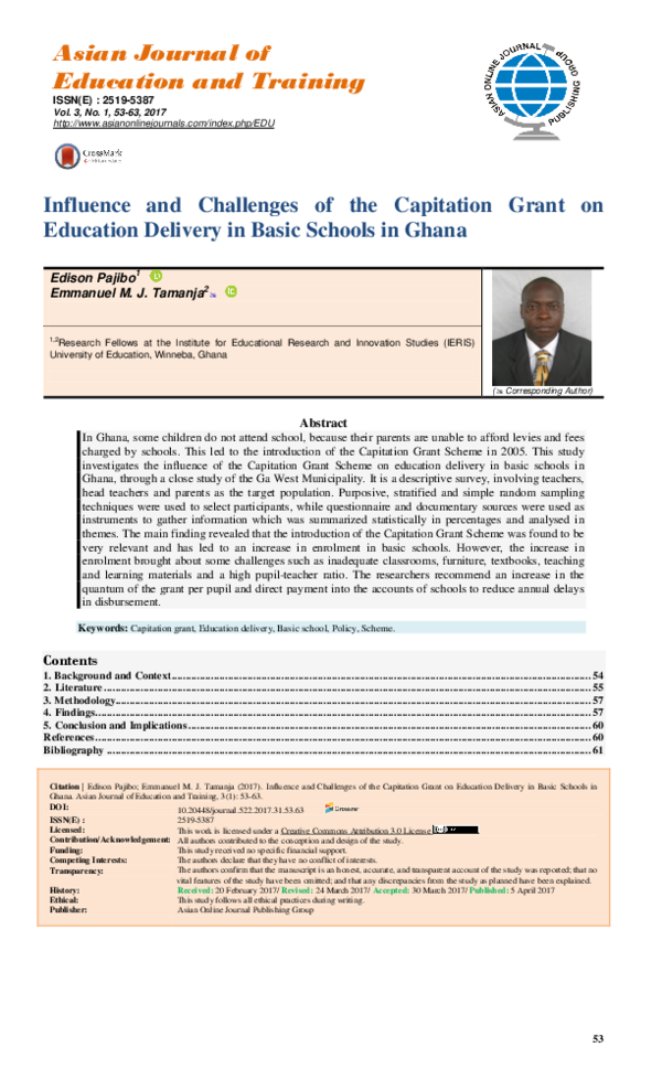 (PDF) Influence and Challenges of the Capitation Grant on Education