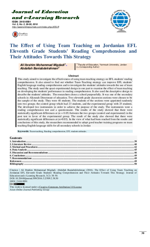 (PDF) The Effect of Using Team Teaching on Jordanian EFL Eleventh Grade ...