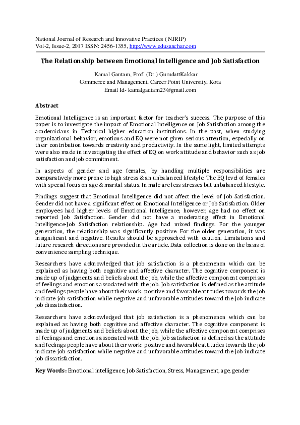 (PDF) The Relationship between Emotional Intelligence and Job Satisfaction