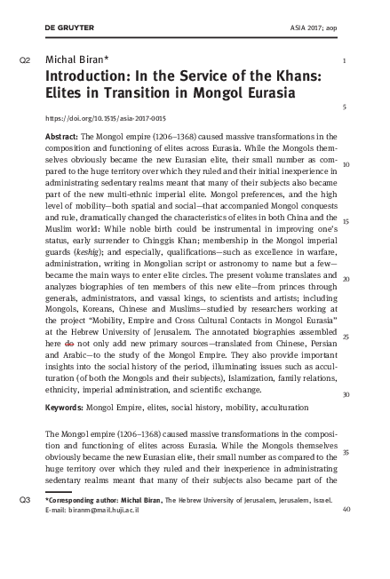 Biran, 2017 Introduction: In the Service of the Khans: Elites in Transition in Mongol Eurasia, Asiatische Studien 71.4