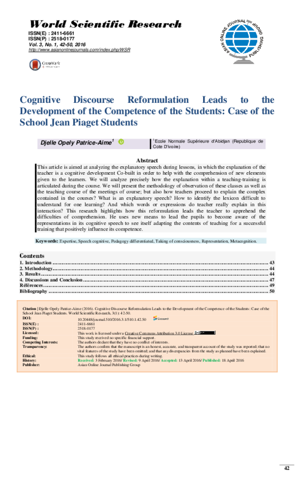 Pdf Cognitive Discourse Reformulation Leads To The Development Of The Competence Of The Students Case Of The School Jean Piaget Students Asian Online Journal Publishing Group Academia Edu