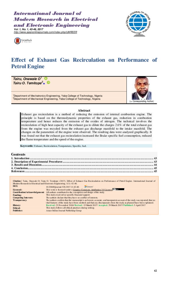(PDF) Effect of Exhaust Gas Recirculation on Performance of Petrol