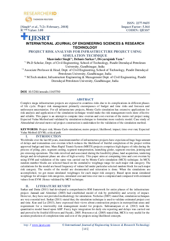 (PDF) PROJECT RISK ANALYSIS FOR INFRASTRUCTURE PROJECT USING SIMULATION ...