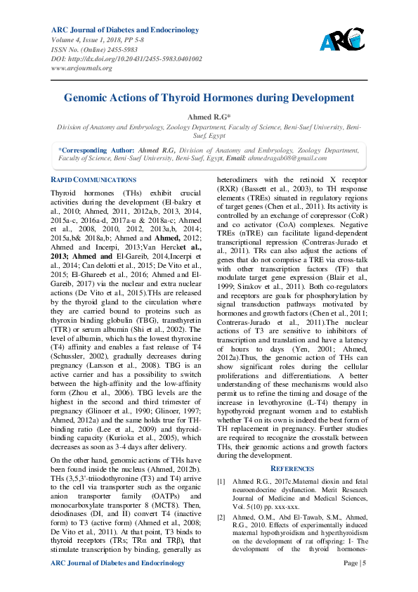 (PDF) Ahmed R.G., 2018. Genomic actions of thyroid hormones during ...