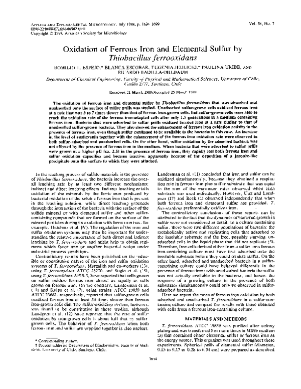 (PDF) Oxidation of ferrous iron and elemental sulfur by Thiobacillus ...
